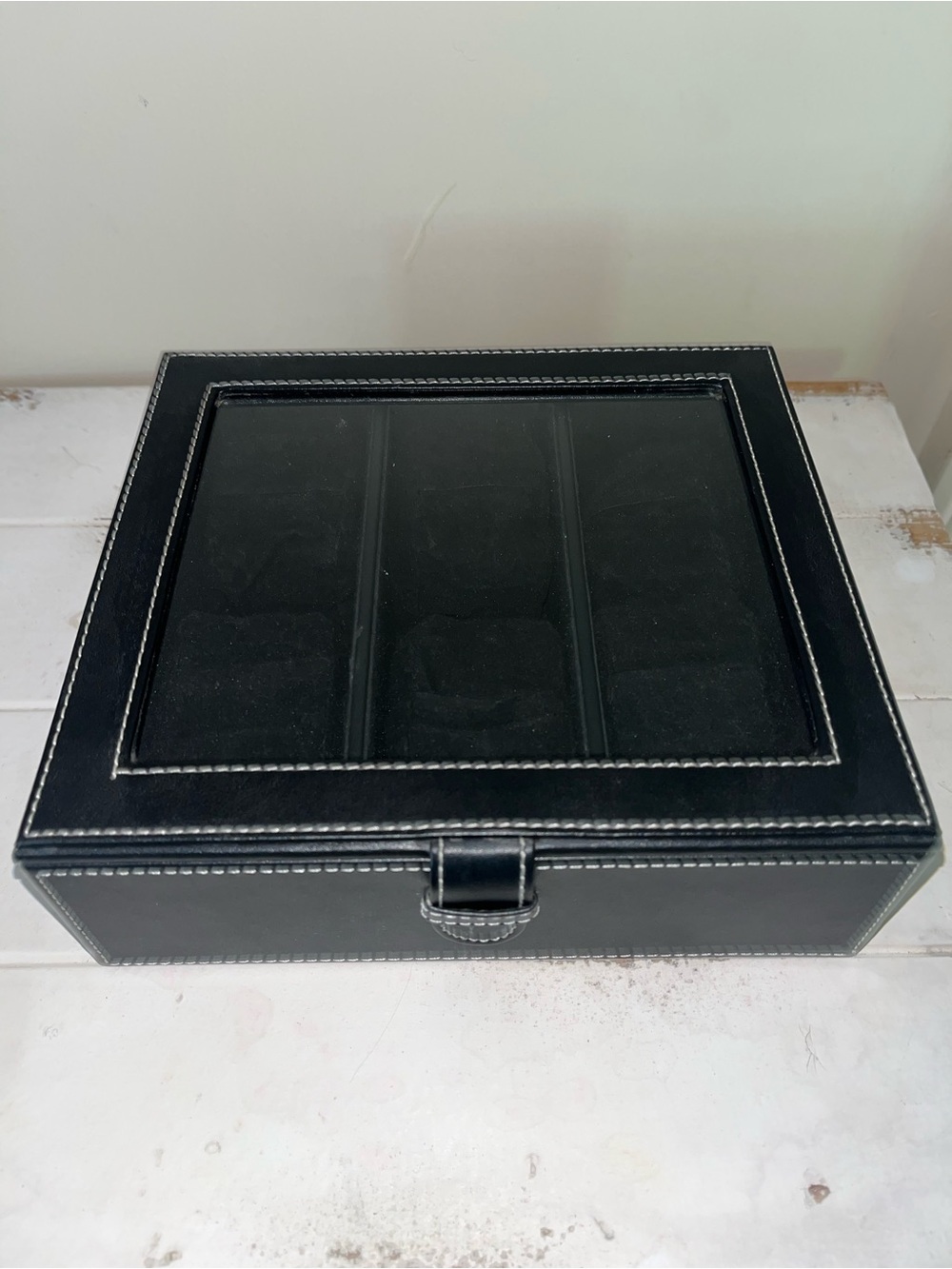 Black Leather Glass-Top Jewelry Organizer Box